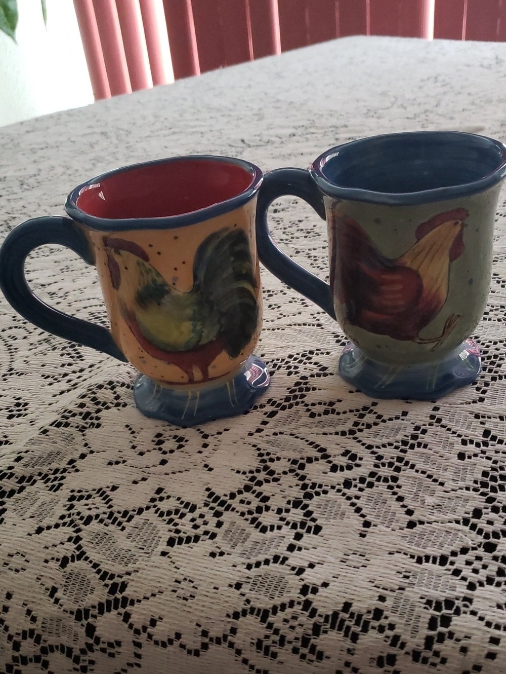 Certified International Rooster Ceramic Mugs - Blue, Yellow & Red Accents